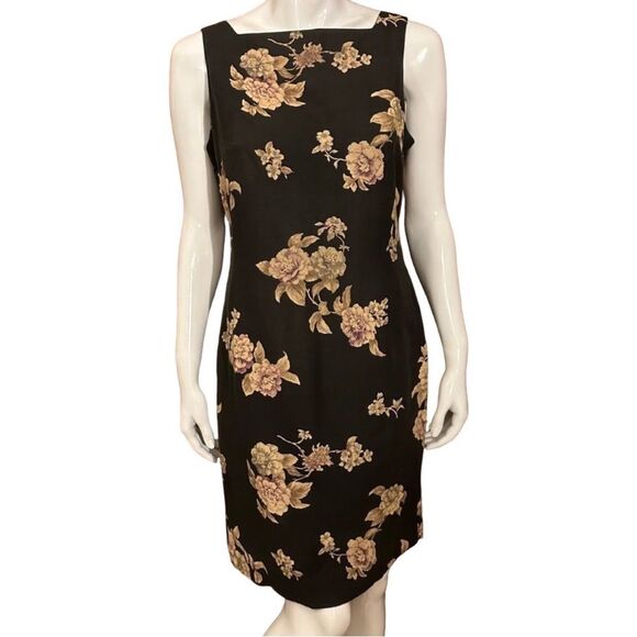 Vintage Linen Dress Jones New York Black Floral Sheath Size 8 - Picture 1 of 11